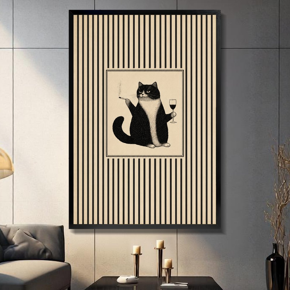 Black framed grumpy cat wine portrait canvas displayed above a console in the selected room setting.