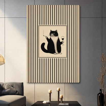 Stretched grumpy cat wine portrait canvas with a visible wrapped edge in the selected room setting.
