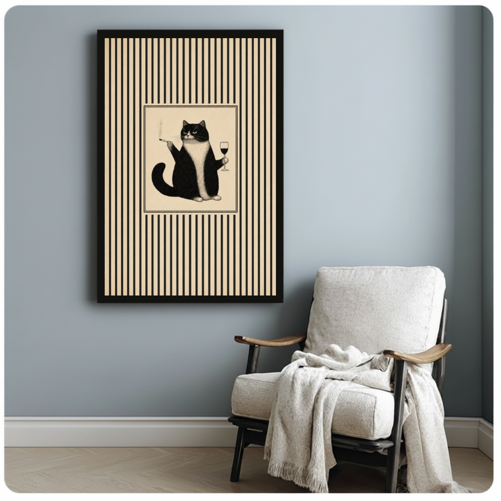 Framed grumpy cat wine portrait canvas beside a pale reading chair on a blue gray wall.