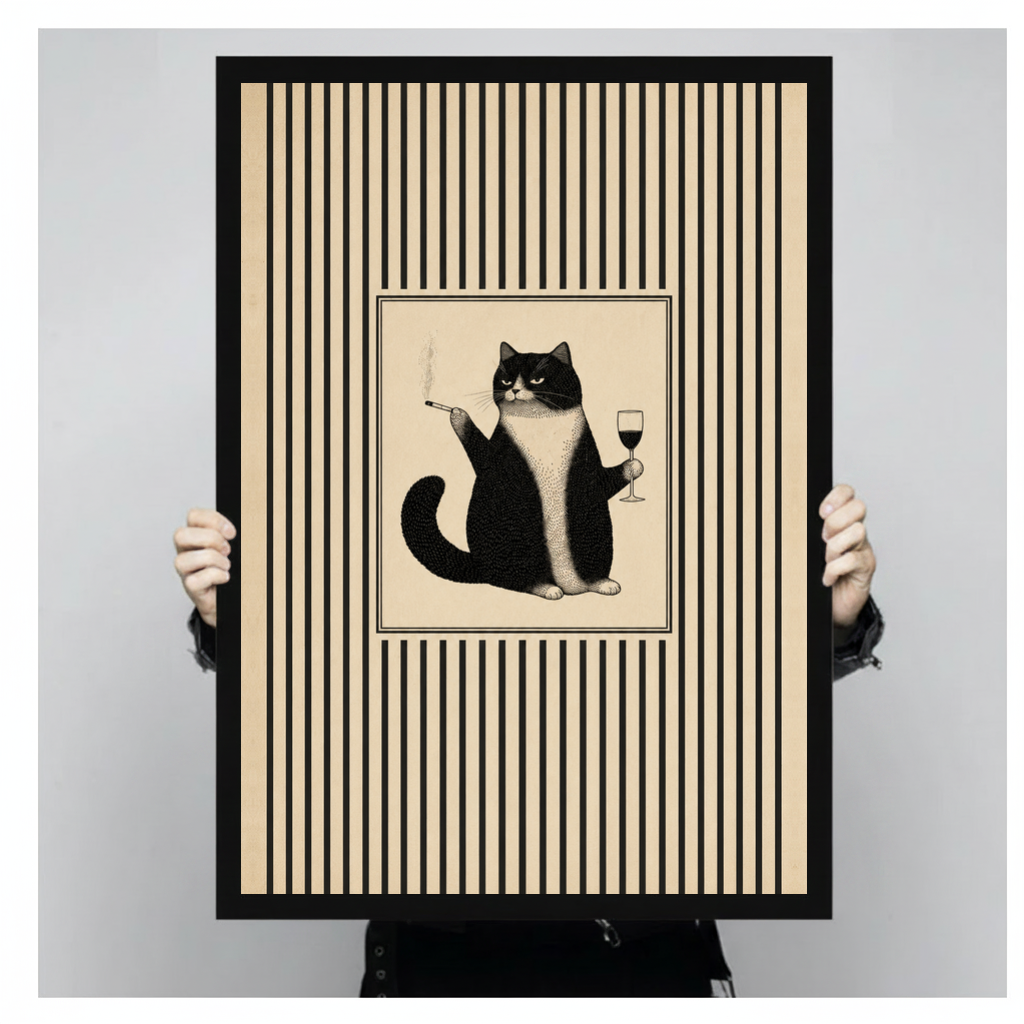 A person holds black framed grumpy cat wine portrait canvas against a light neutral background.