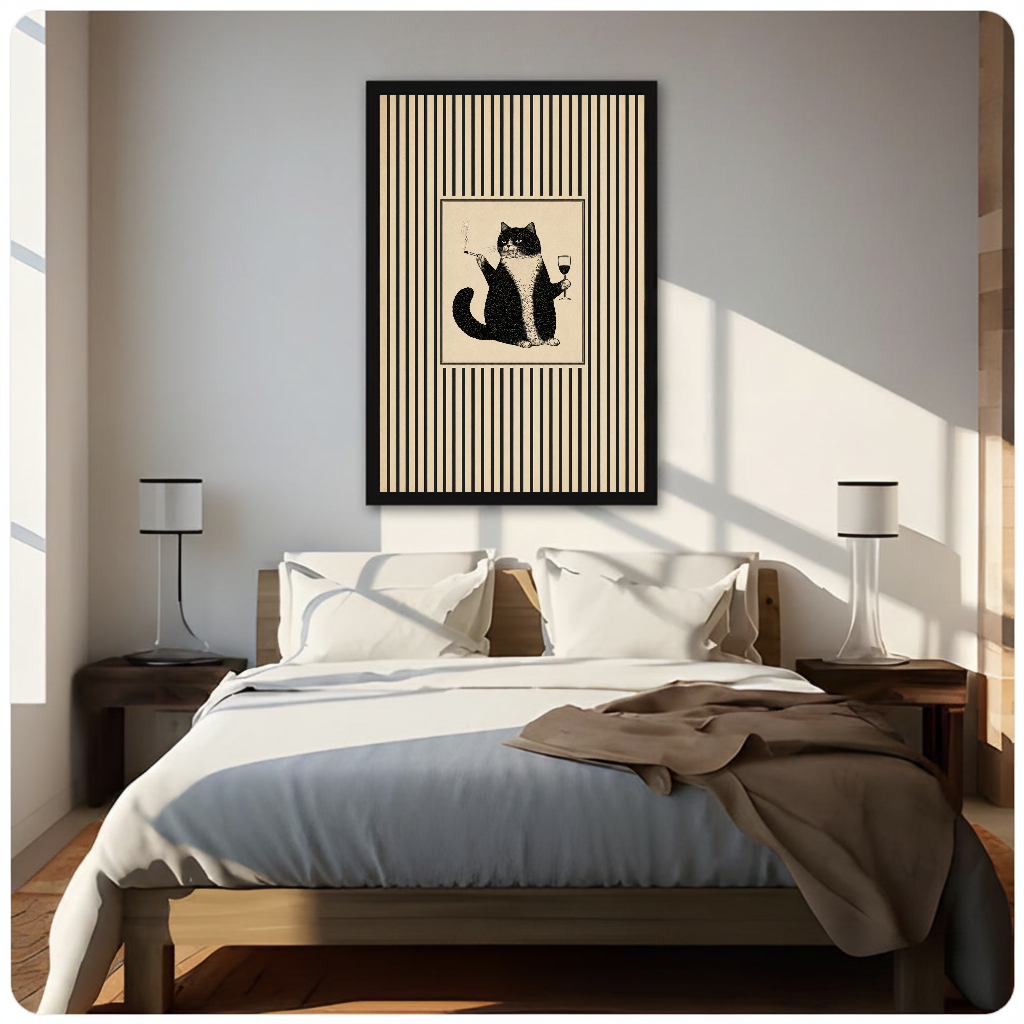 Framed grumpy cat wine portrait canvas above a neutral bed beside soft bedroom lighting and lamps.