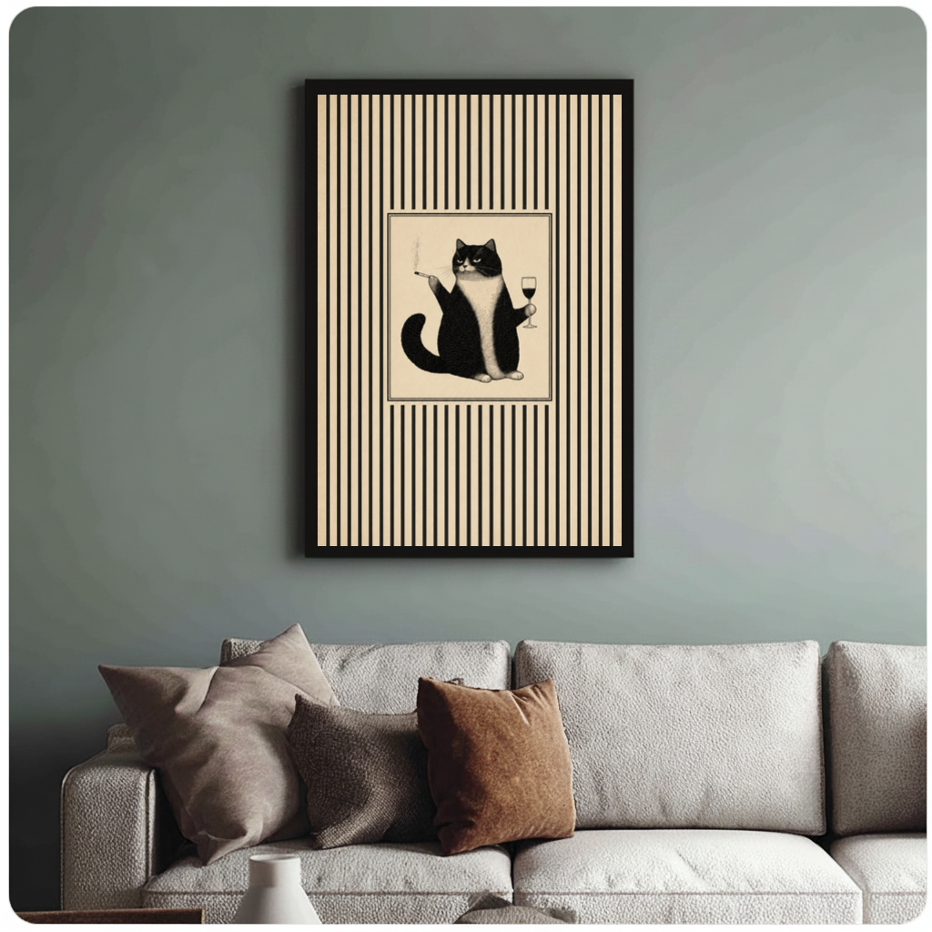 Framed grumpy cat wine portrait canvas above a neutral sofa with cushions against a muted wall.