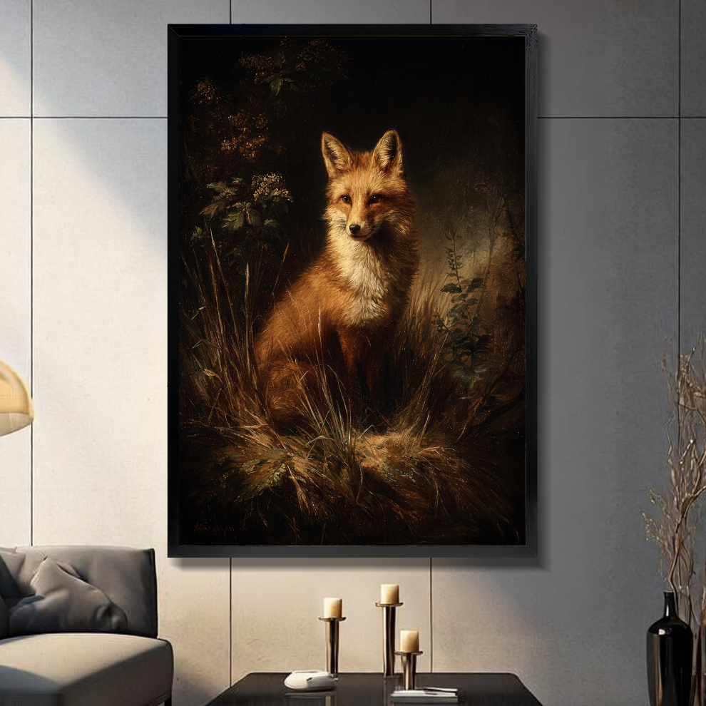 Black framed woodland fox portrait canvas displayed above a console in the selected room setting.