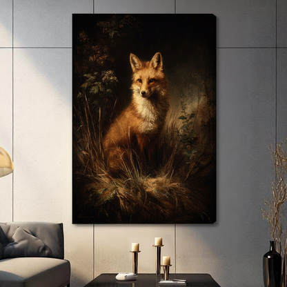Stretched woodland fox portrait canvas with a visible wrapped edge in the selected room setting.