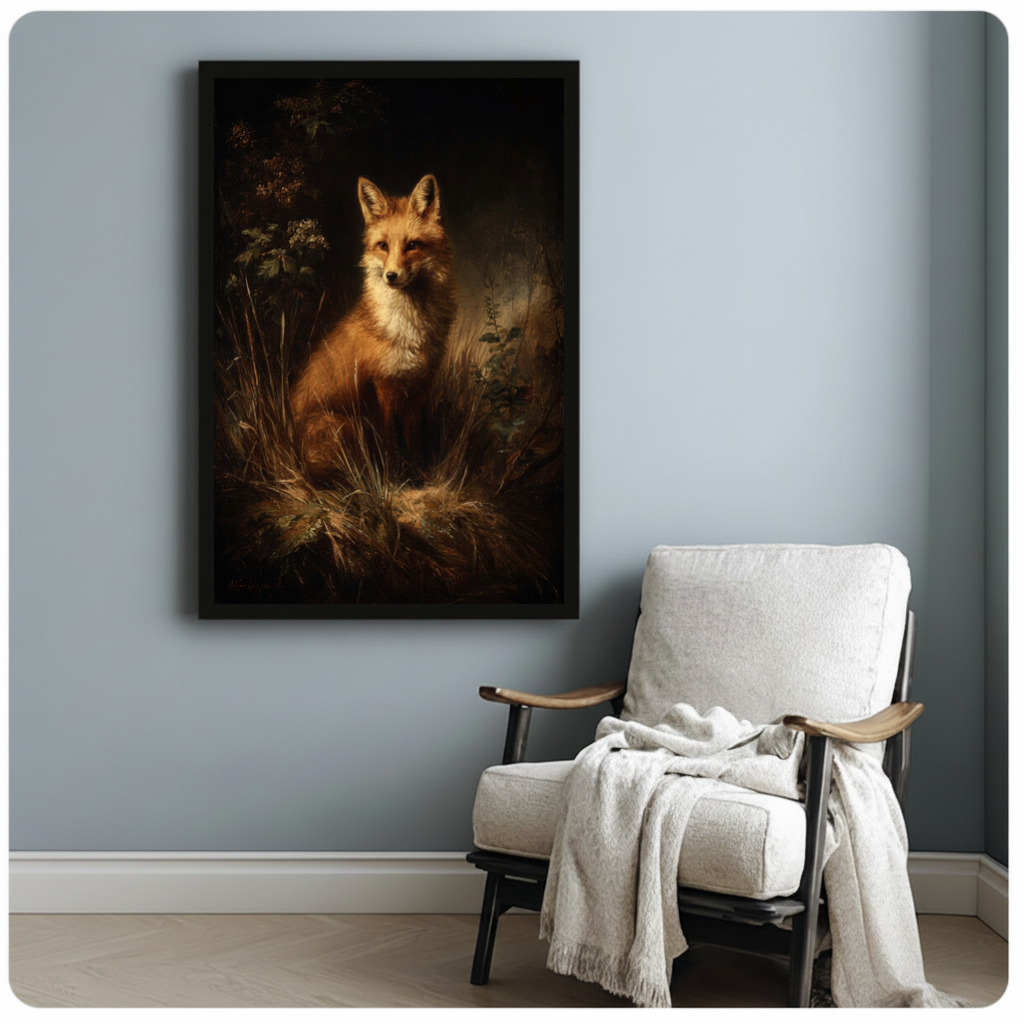 Framed woodland fox portrait canvas beside a pale reading chair on a blue gray wall.