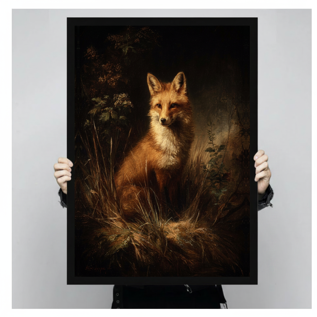 A person holds black framed woodland fox portrait canvas against a light neutral background.
