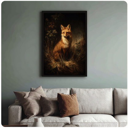 Framed woodland fox portrait canvas above a neutral sofa with cushions against a muted wall.