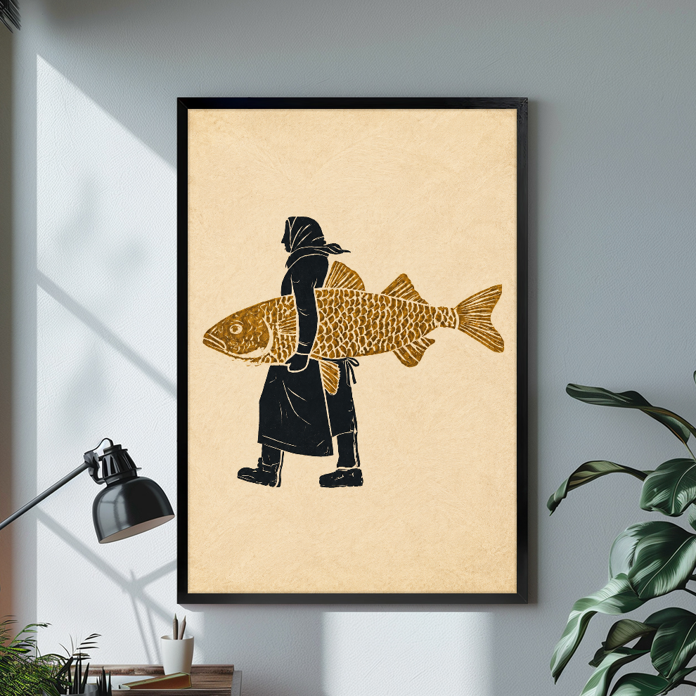 Black framed hooded figure carrying fish canvas displayed above a console in the selected room setting.