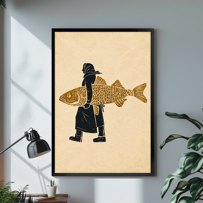 Black framed hooded figure carrying fish canvas displayed above a console in the selected room setting.