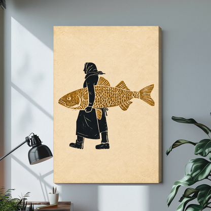 Stretched hooded figure carrying fish canvas with a visible wrapped edge in the selected room setting.