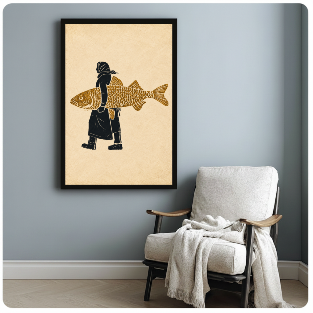 Framed hooded figure carrying fish canvas beside a pale reading chair on a blue gray wall.