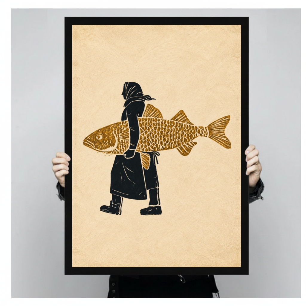 A person holds black framed hooded figure carrying fish canvas against a light neutral background.