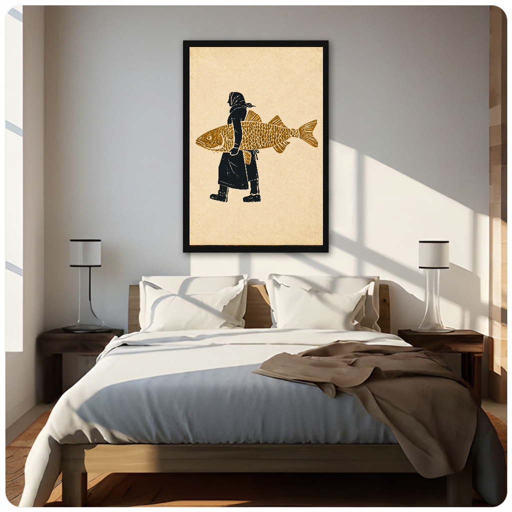 Framed hooded figure carrying fish canvas above a neutral bed beside soft bedroom lighting and lamps.