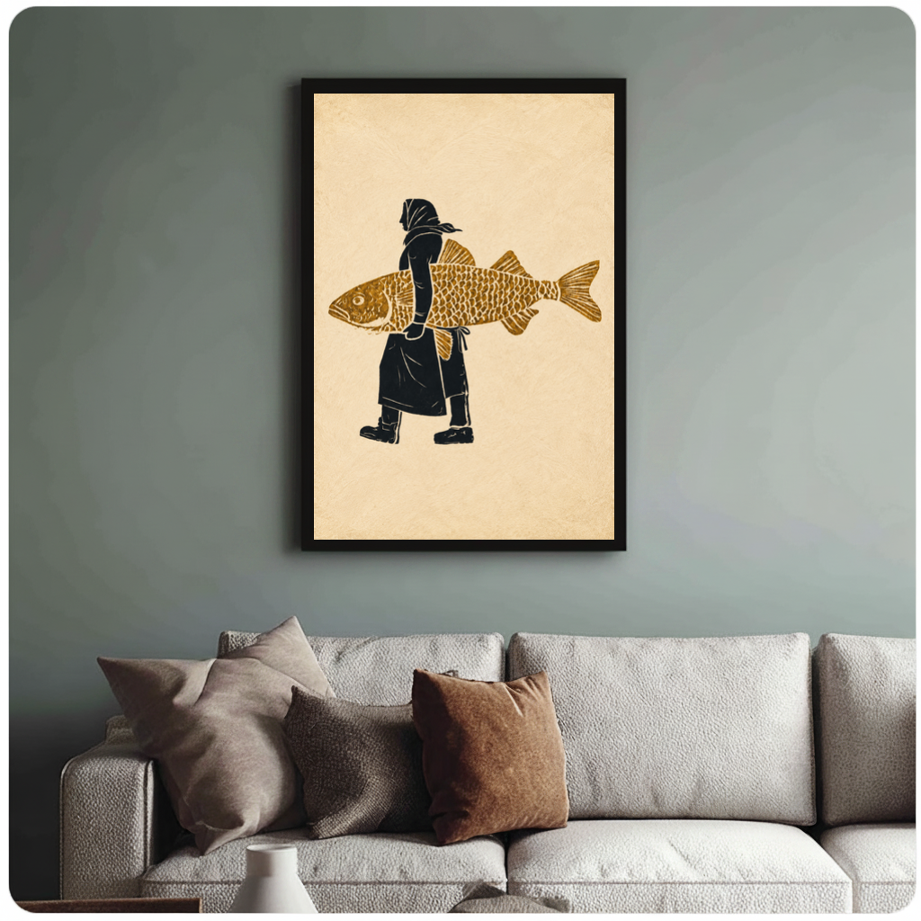 Framed hooded figure carrying fish canvas above a neutral sofa with cushions against a muted wall.