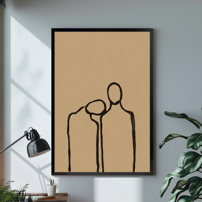 Black framed quiet shoulder companionship canvas displayed above a console in the selected room setting.