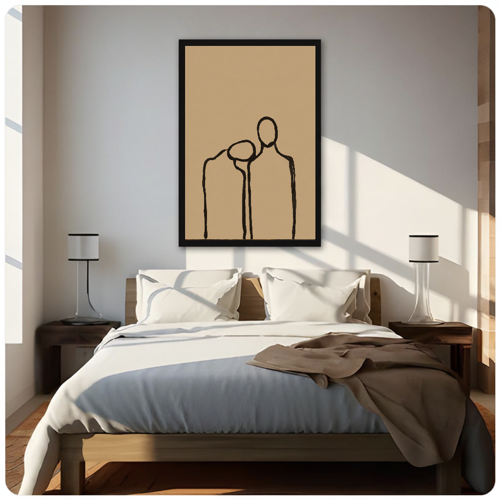 Framed quiet shoulder companionship canvas above a neutral bed beside soft bedroom lighting and lamps.