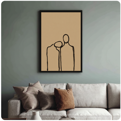 Framed quiet shoulder companionship canvas above a neutral sofa with cushions against a muted wall.