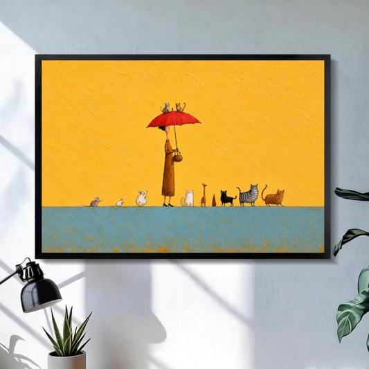 Black framed red umbrella animal parade canvas above a console in the selected room setting.