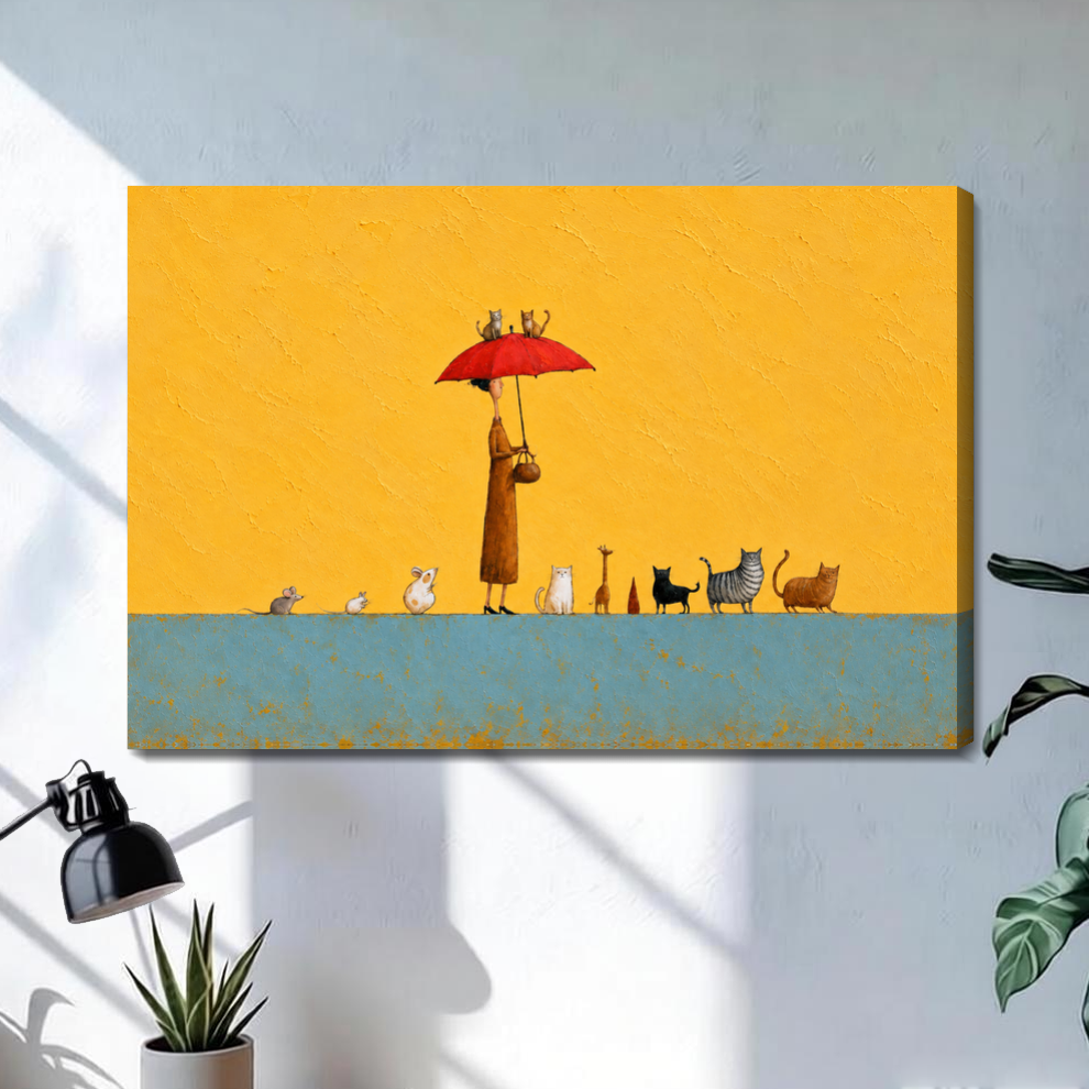 Stretched red umbrella animal parade canvas with a shaded wrapped edge in the selected room setting.