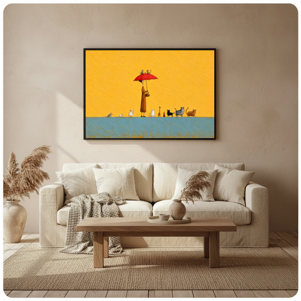Framed red umbrella animal parade canvas above a beige sofa beside pampas grass and a wooden table.
