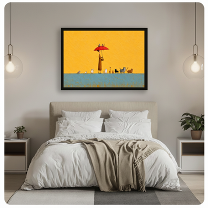 Framed red umbrella animal parade canvas above a gray bed between two hanging lamps.