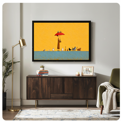 Framed red umbrella animal parade canvas above a wooden sideboard with books and a brass lamp.