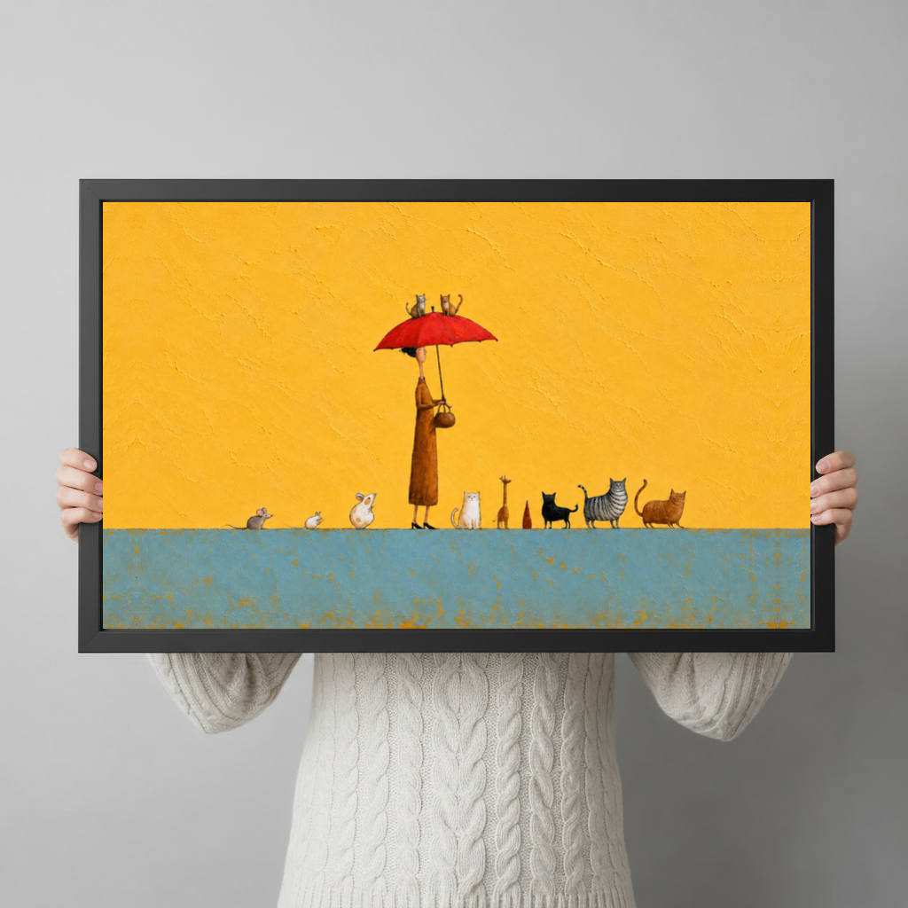 A person wearing a cream sweater holds black framed red umbrella animal parade canvas in both hands.