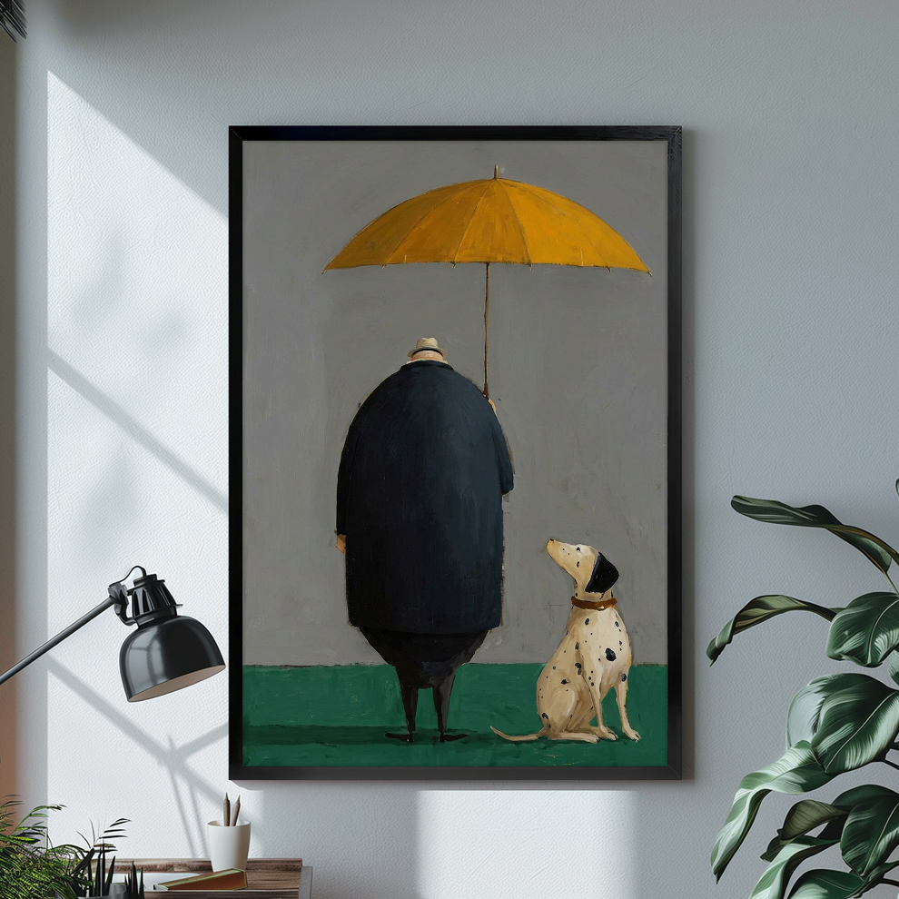 Black framed yellow umbrella man and dog canvas displayed above a console in the selected room setting.
