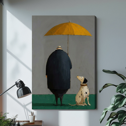 Stretched yellow umbrella man and dog canvas with a visible wrapped edge in the selected room setting.
