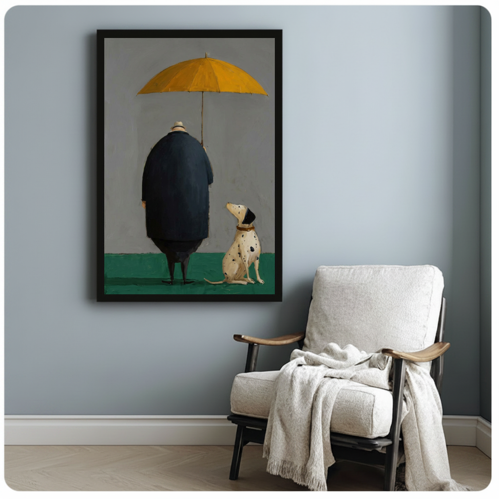 Framed yellow umbrella man and dog canvas beside a pale reading chair on a blue gray wall.
