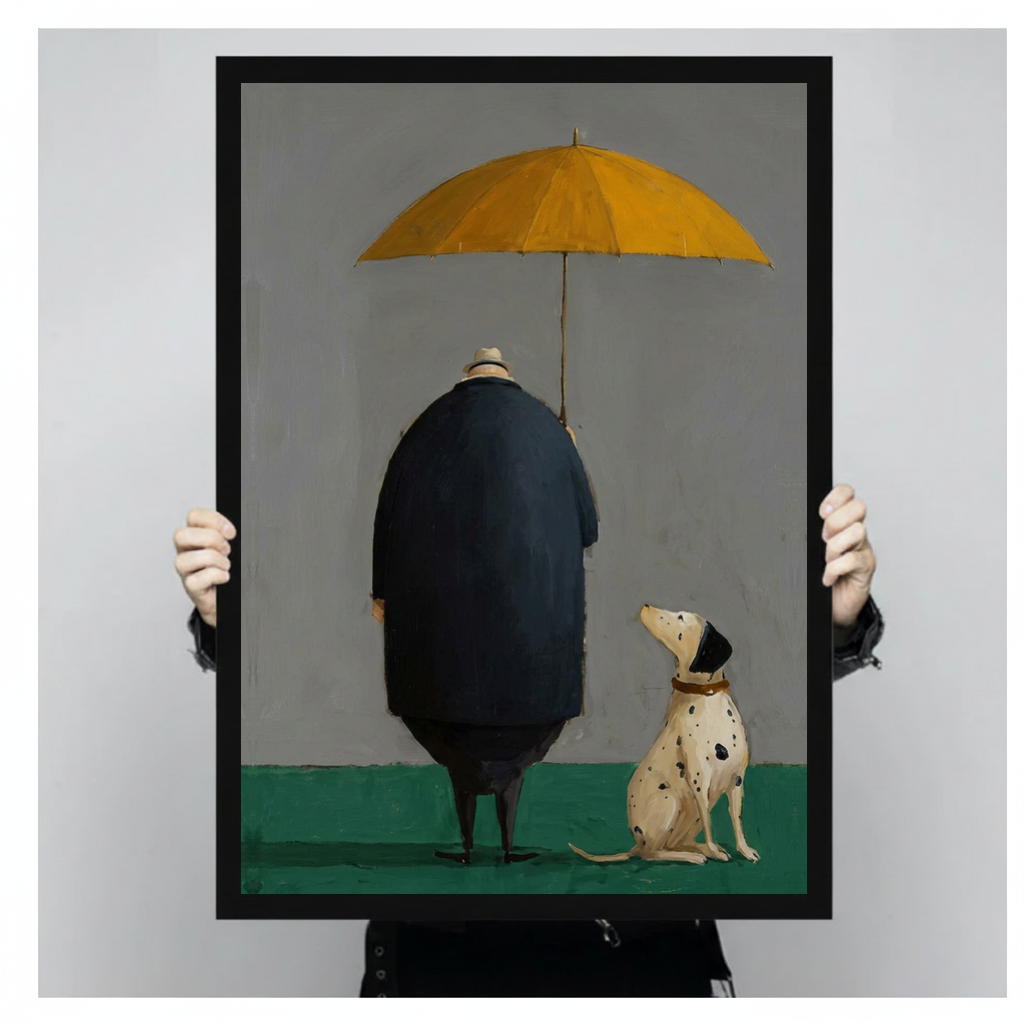 A person holds black framed yellow umbrella man and dog canvas against a light neutral background.
