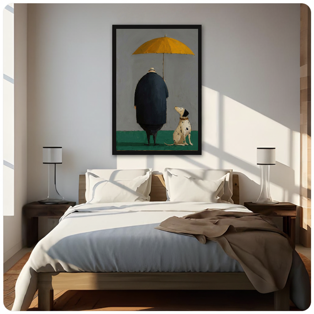 Framed yellow umbrella man and dog canvas above a neutral bed beside soft bedroom lighting and lamps.