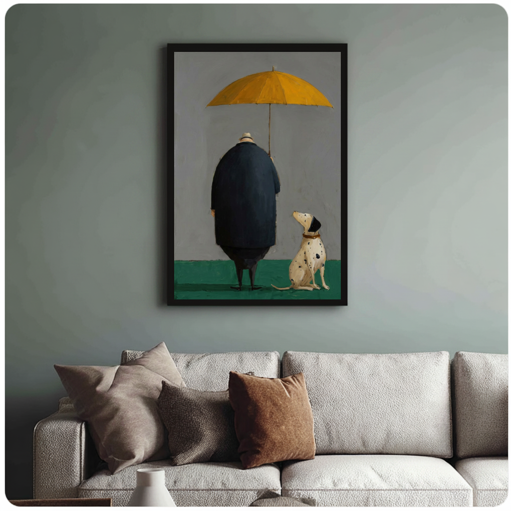 Framed yellow umbrella man and dog canvas above a neutral sofa with cushions against a muted wall.
