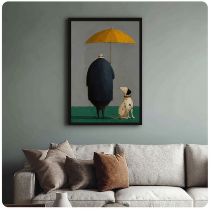 Framed yellow umbrella man and dog canvas above a neutral sofa with cushions against a muted wall.