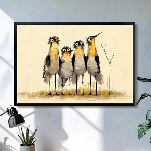 Black framed four curious birds canvas above a console in the selected room setting.