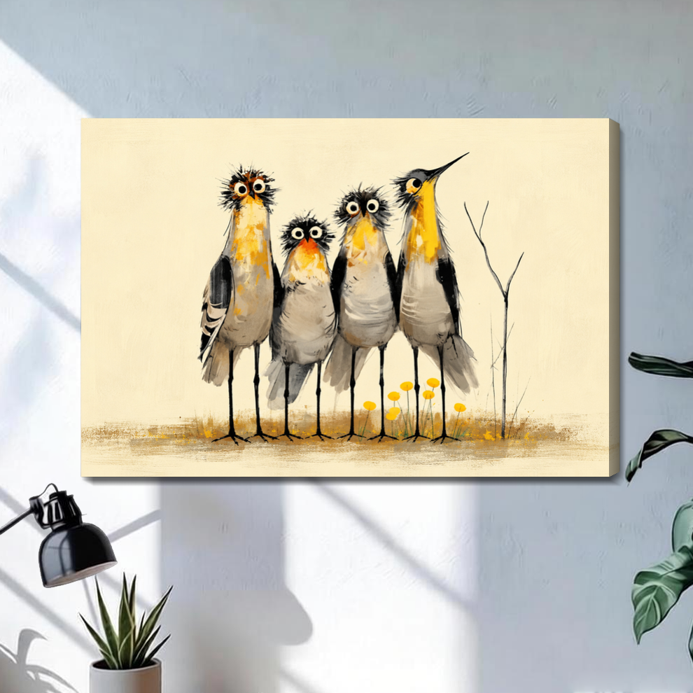 Stretched four curious birds canvas with a shaded wrapped edge in the selected room setting.