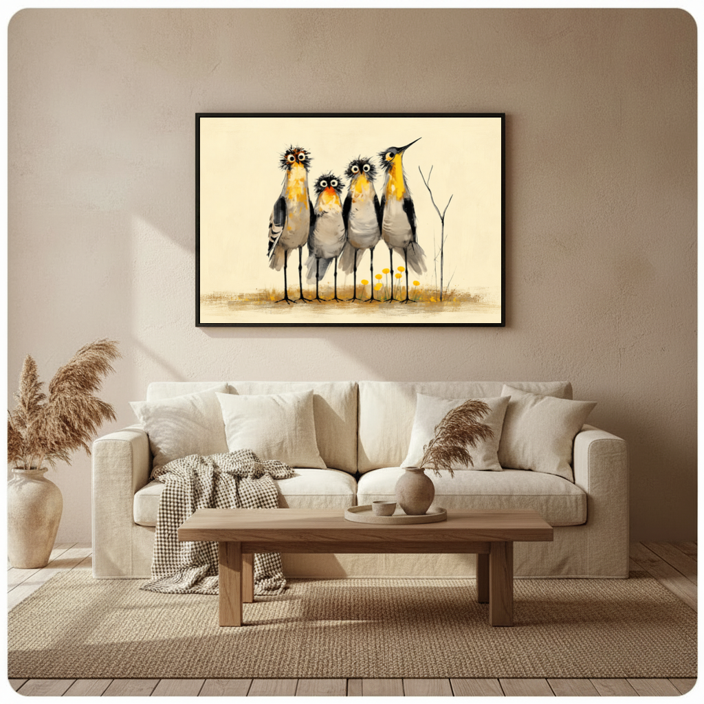 Framed four curious birds canvas above a beige sofa beside pampas grass and a wooden table.
