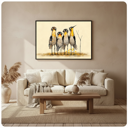 Framed four curious birds canvas above a beige sofa beside pampas grass and a wooden table.