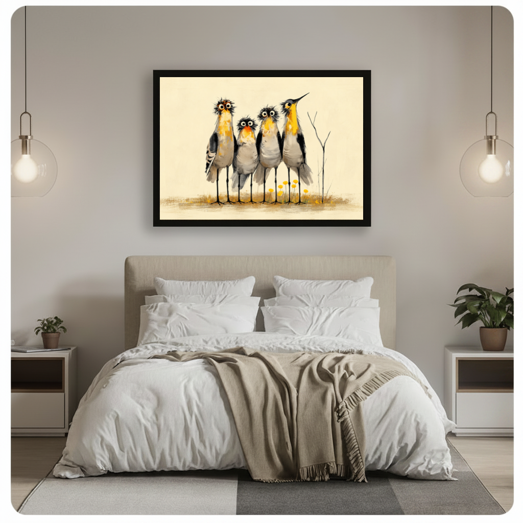 Framed four curious birds canvas above a gray bed between two hanging lamps.
