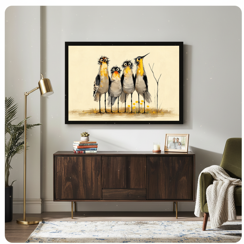 Framed four curious birds canvas above a wooden sideboard with books and a brass lamp.