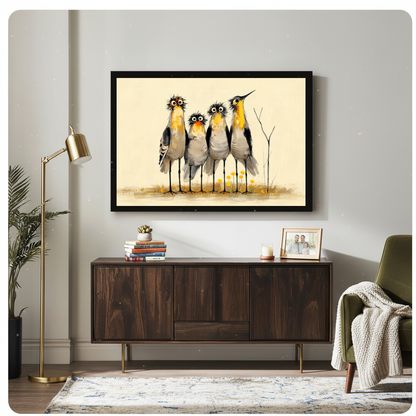 Framed four curious birds canvas above a wooden sideboard with books and a brass lamp.