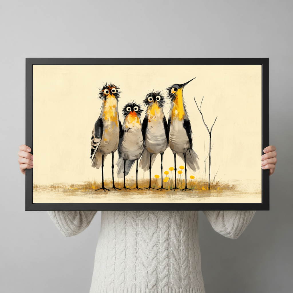 A person wearing a cream sweater holds black framed four curious birds canvas in both hands.