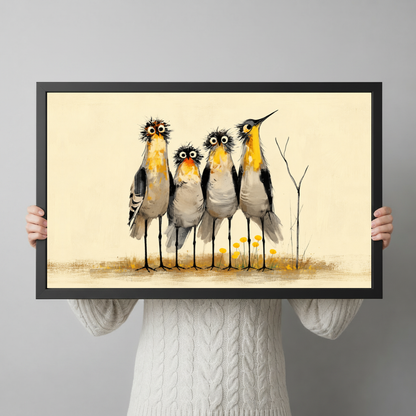 A person wearing a cream sweater holds black framed four curious birds canvas in both hands.