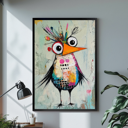 Black framed quirky collage crowned bird canvas displayed above a console in the selected room setting.
