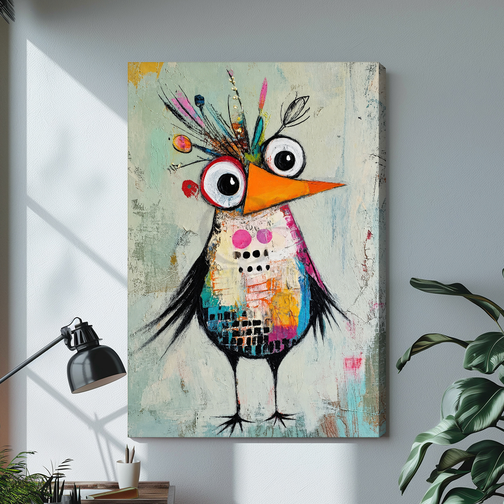 Stretched quirky collage crowned bird canvas with a visible wrapped edge in the selected room setting.