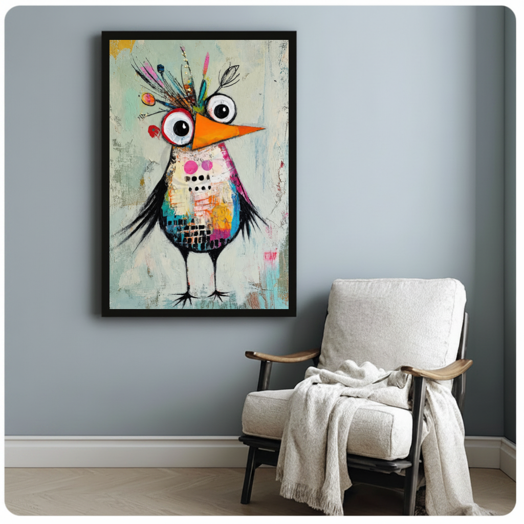 Framed quirky collage crowned bird canvas beside a pale reading chair on a blue gray wall.