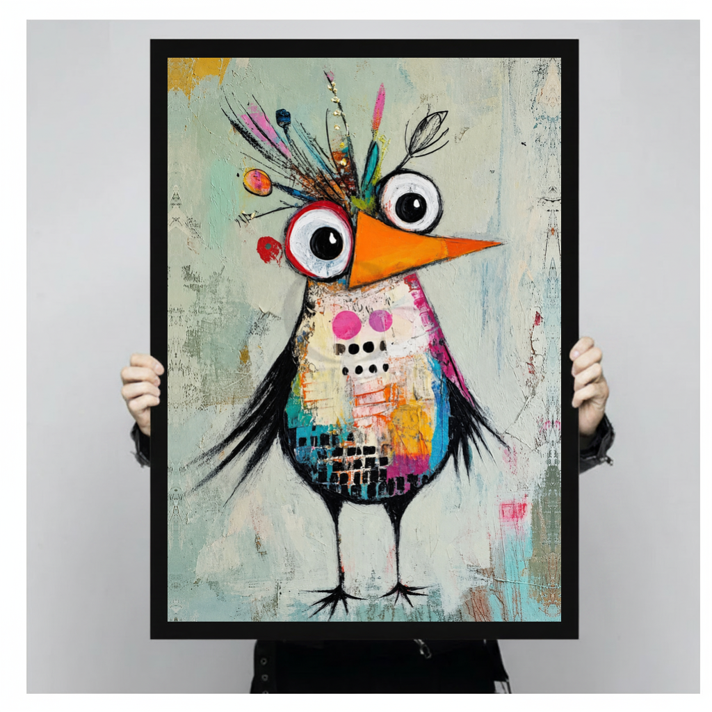 A person holds black framed quirky collage crowned bird canvas against a light neutral background.