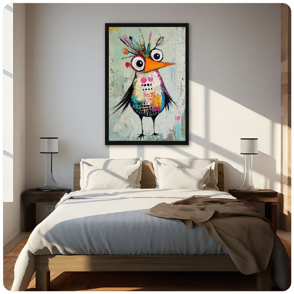 Framed quirky collage crowned bird canvas above a neutral bed beside soft bedroom lighting and lamps.