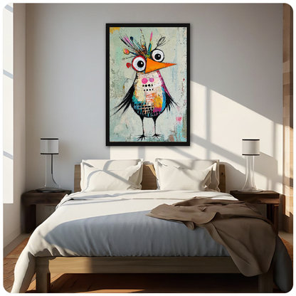 Framed quirky collage crowned bird canvas above a neutral bed beside soft bedroom lighting and lamps.