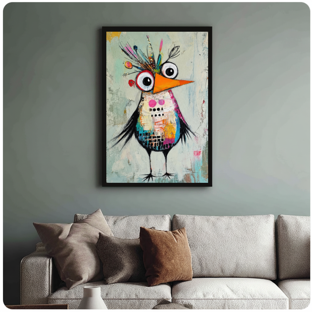 Framed quirky collage crowned bird canvas above a neutral sofa with cushions against a muted wall.